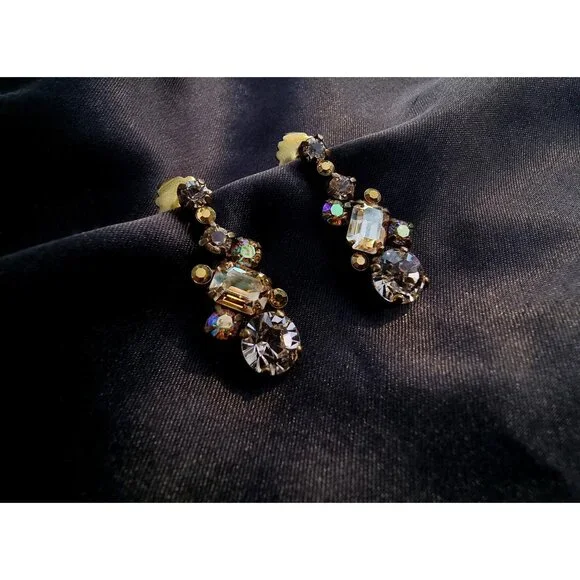 Vintage SORRELLI Dark Amber Yellow Rhinestones Bronze Toned Earrings - Picture 1 of 4